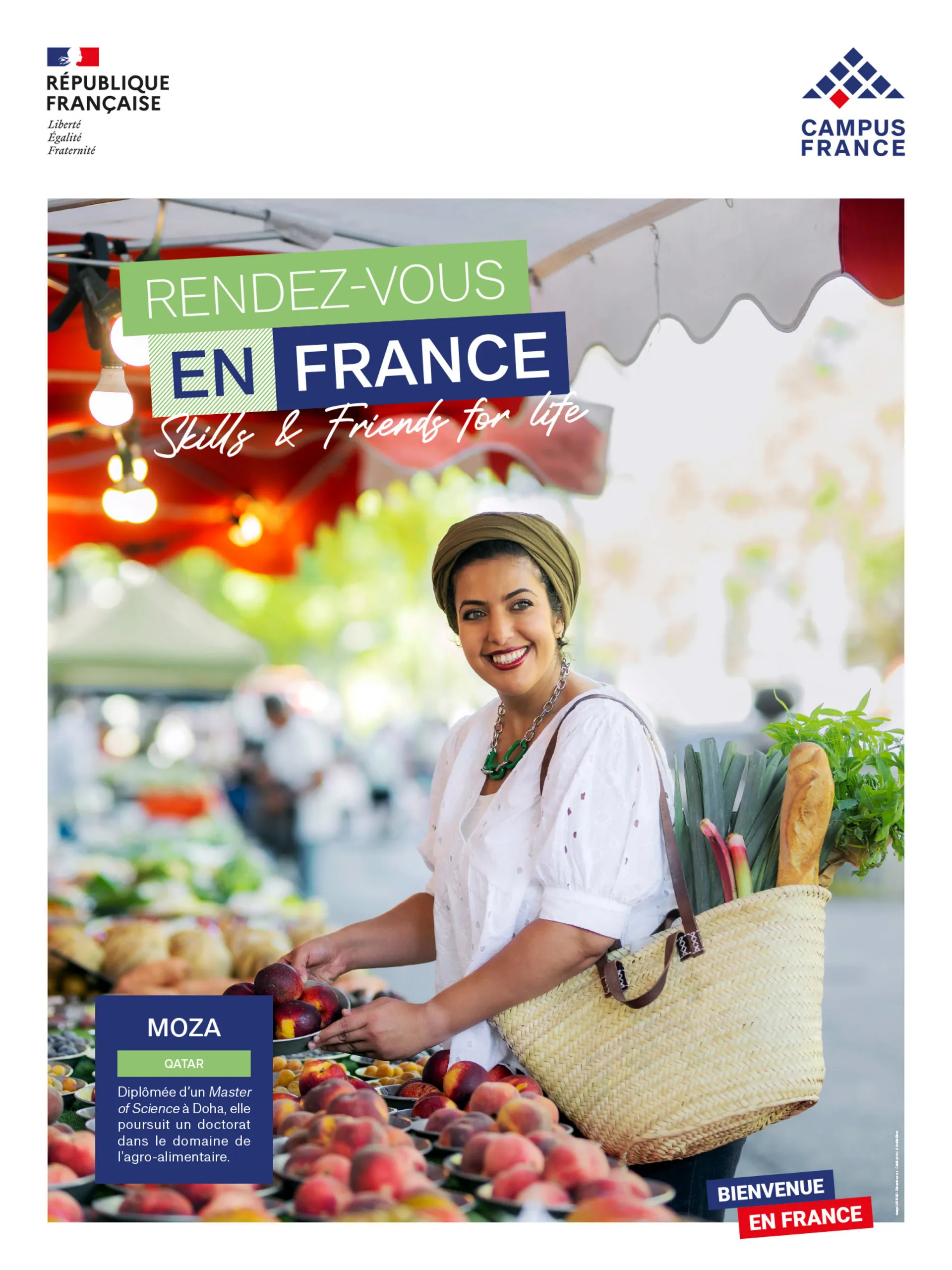 affiche publicitaire : étudiante étrangère au marché à Lyon